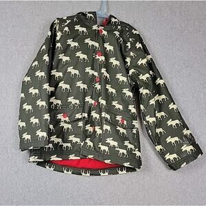 Hatley Green Moose Print LS Waterproof Snap Up Hooded Coat Boys 7 Pockets